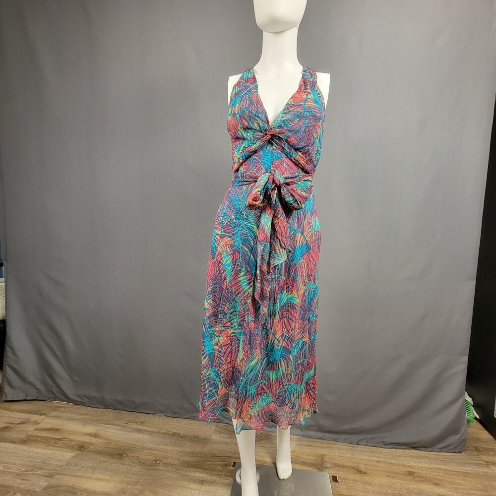 BCBGMAXAZRIA Dress 6 Leaf Print Chiffon Open Back Resort Ready